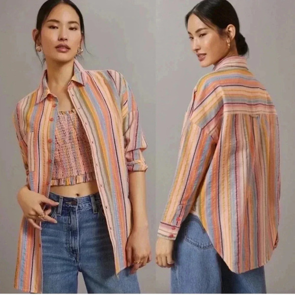 Anthropologie PILCRO  Boyfriend Striped Shirt Rainbow Metallic / Size S/M / - Picture 1 of 9